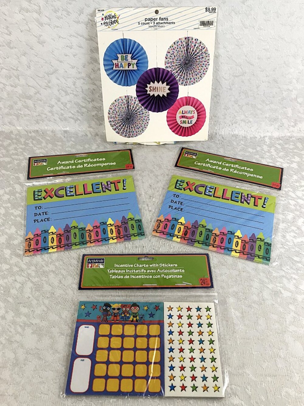 Classroom Decor Paper Fans + Award Certificates + Incentive Sticker Charts NWT